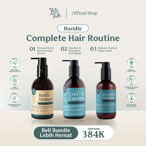 Biotalk Bundle Roots Strength Shampoo + Cool and Calming Shampoo + Conditioner I Bundle Complete Hair Routine I Non SLS/SLES I Non Silicone I Natural I Merawat Rambut Rontok I Melembutkan dan Menenangkan Kulit Kepala Sensitif Normal Eksim Psoriasis
