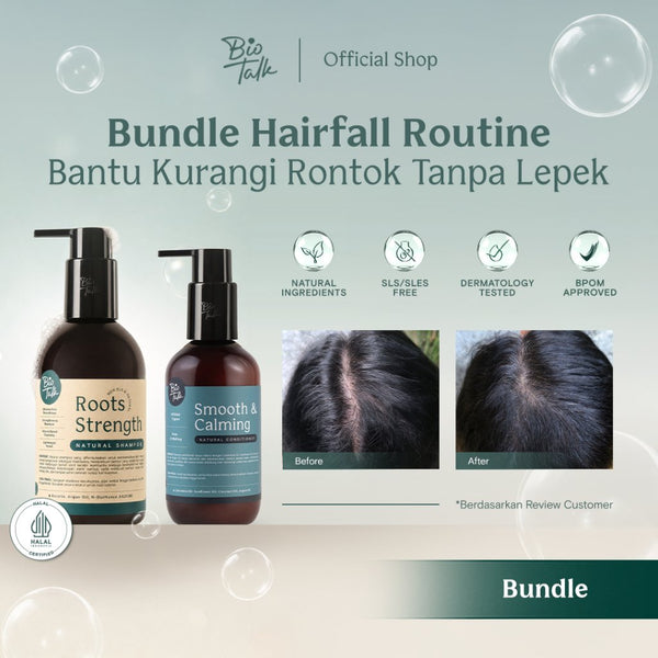 Biotalk Bundle Roots Strength Shampoo + Conditioner I Bundle Hairfall Routine I Non SLS/SLES I Non Silicone I Natural I Merawat Rambut Rontok dan Merawat Rambut Rusak I Aman Digunakan untuk Kulit Kepala Sensitif Normal Eksim Psoriasis